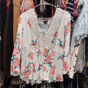 Torrid White and Pink Floral Crochet Blouse